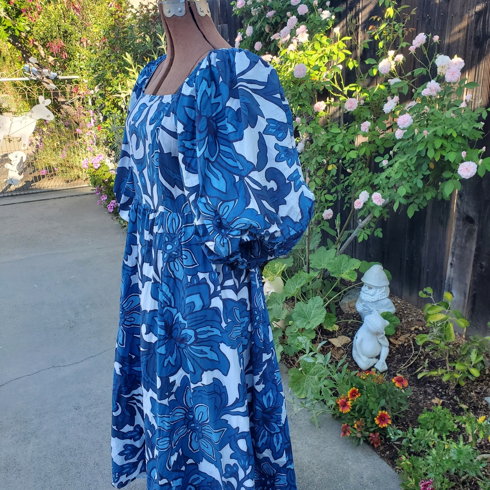 Blue Floral Puff-Sleeve Maxi Dress with Square Neckline - Picture 4 of 7